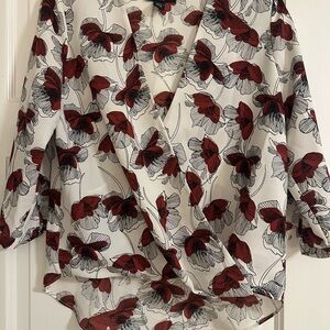 Alfani Ivory Wrap Blouse with Red Floral Print